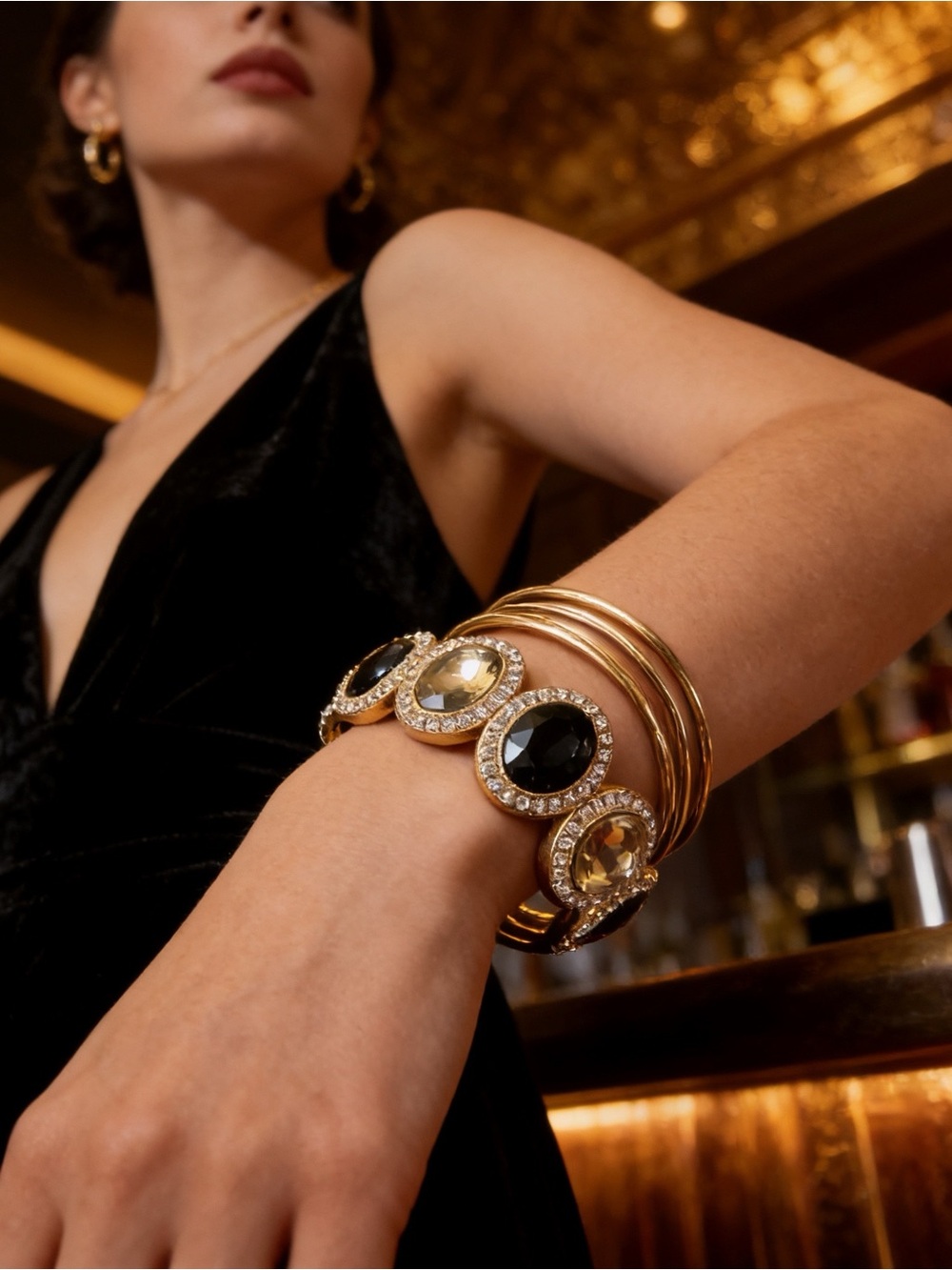 Gold-Tone Crystal Oval Stretch Bracelet with Black and Champagne Stones